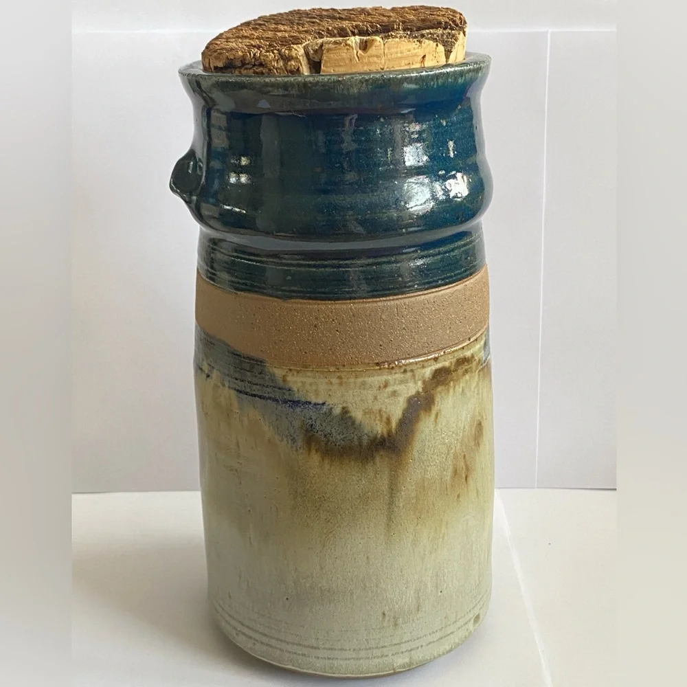 Hand Made 1989 Stoneware Pottery Container POPCORN Crock Signed Bob Huskins